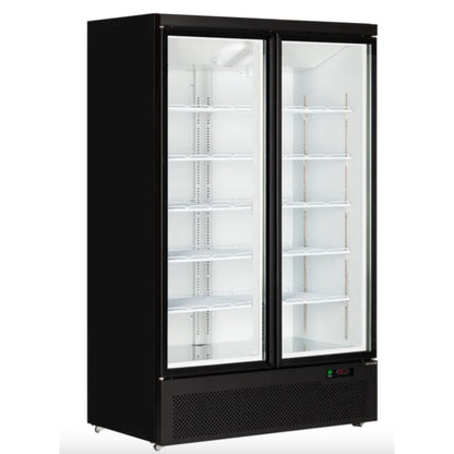Black two-door commercial refrigerator with glass doors on a white background