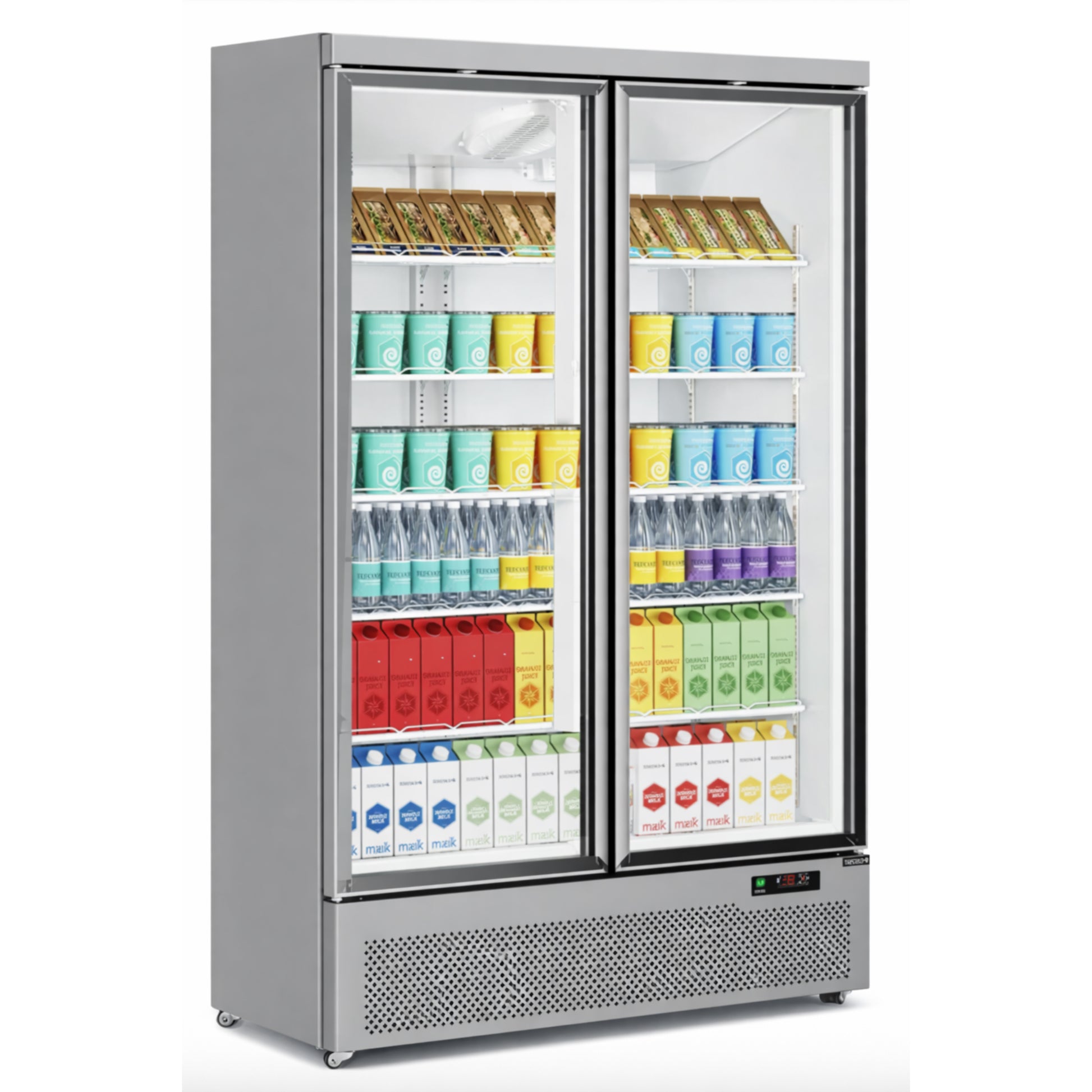 Two-door commercial refrigerator with various products inside on a white background