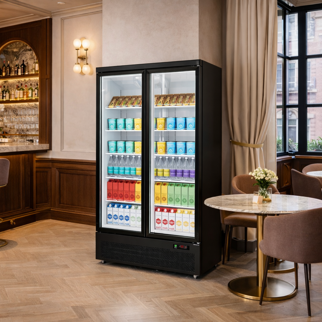 Futuristic refrigerator with colorful drinks in a modern bar setting