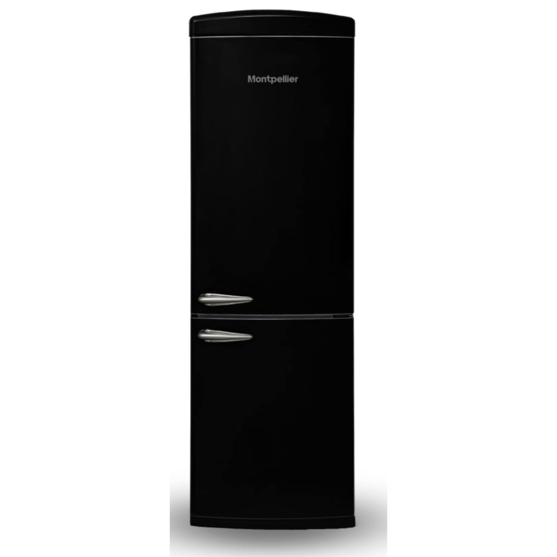 Black refrigerator with 'Montpellier' branding on a white background