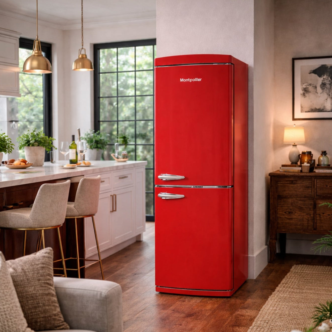 Red refrigerator in a modern kitchen with a couch and table.
