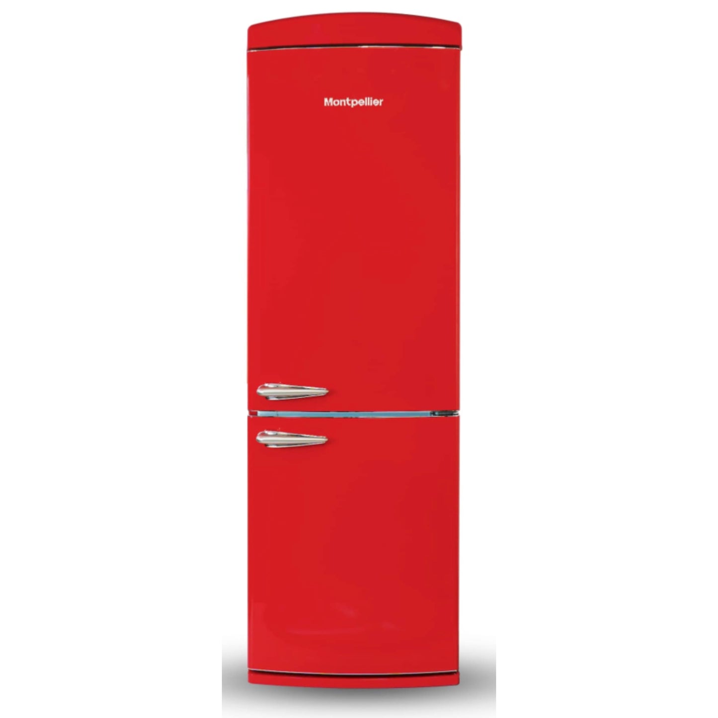 Red refrigerator with 'Montpellier' branding on a white background