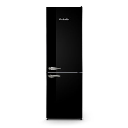 Black refrigerator with Montpellier branding on a white background