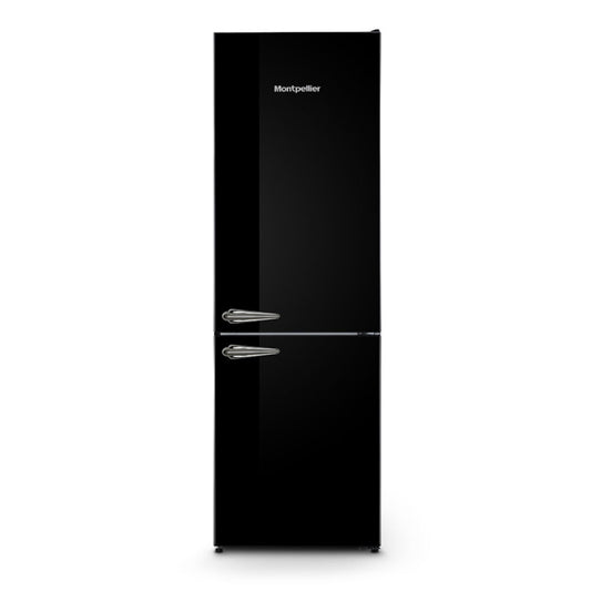 Black refrigerator with Montpellier branding on a white background