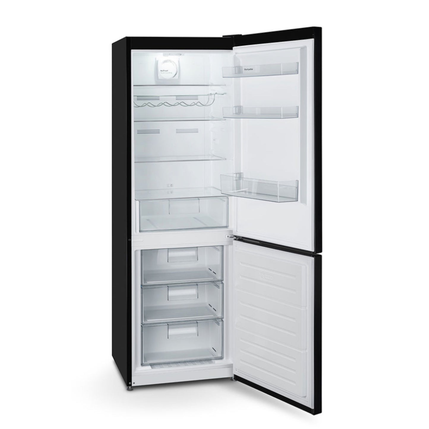 Black refrigerator with open doors on a white background