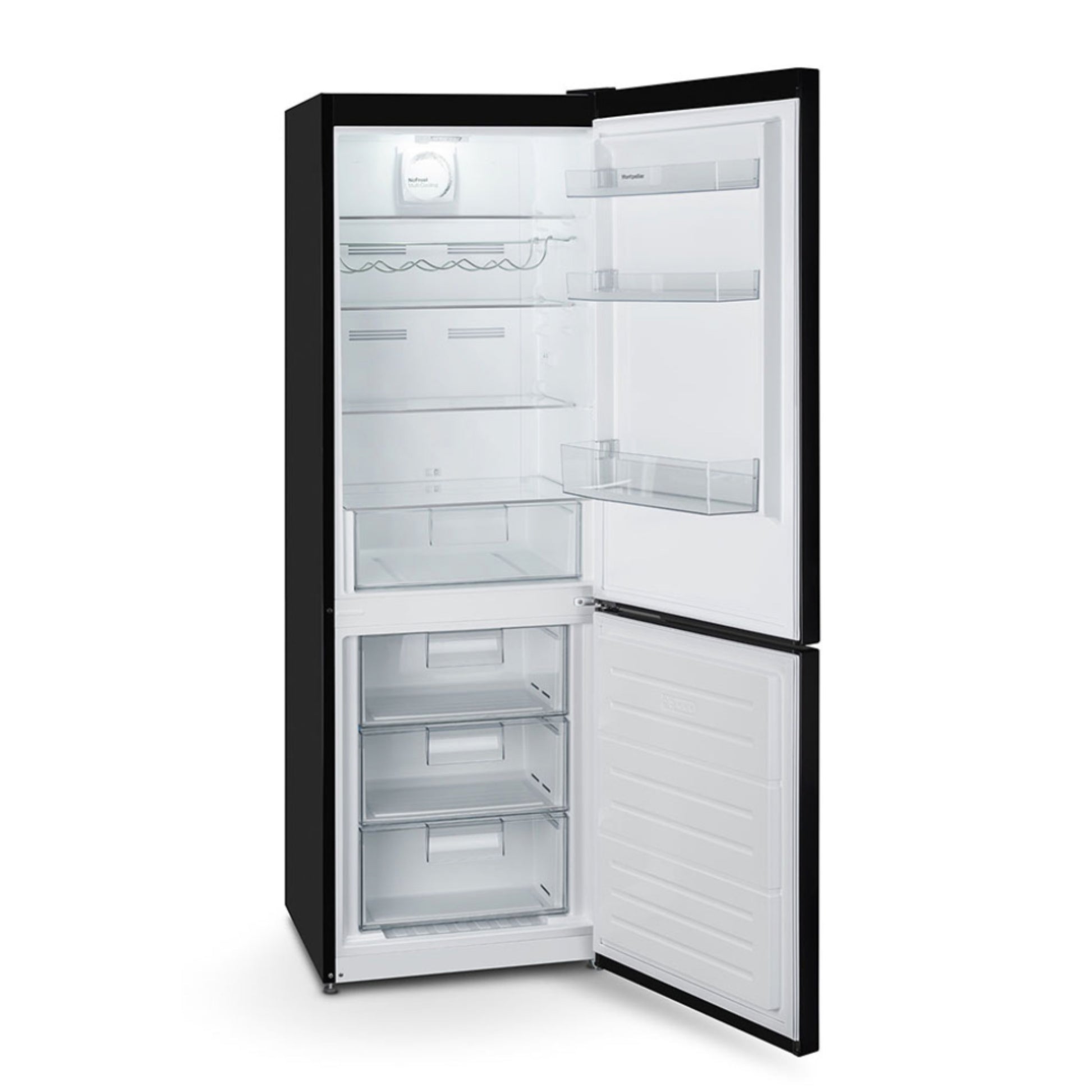 Black refrigerator with open doors on a white background