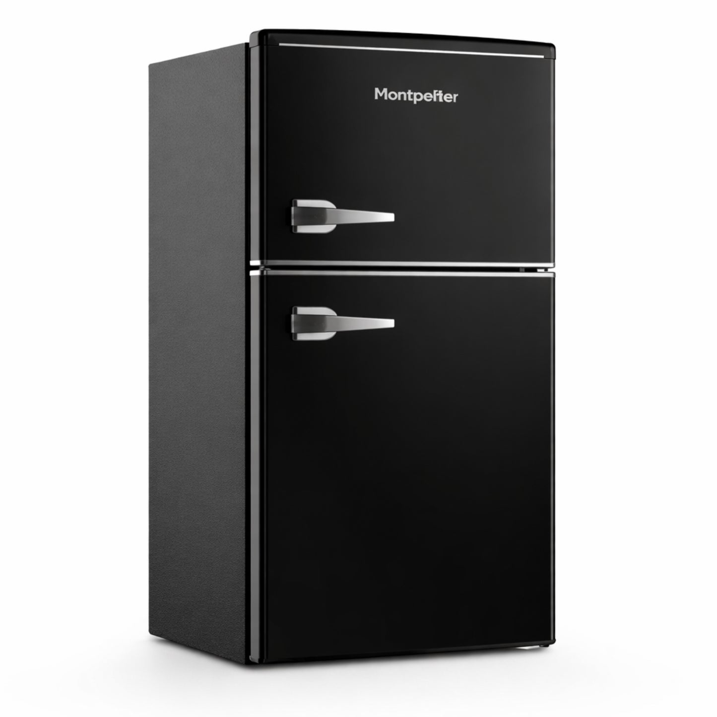 Black refrigerator with 'Montpeller' branding on a white background