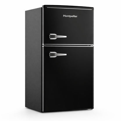 Black refrigerator with 'Montpeller' branding on a white background