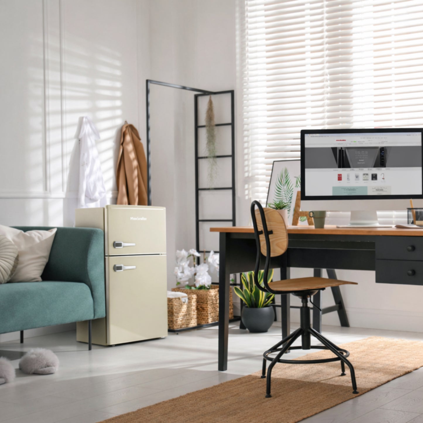 Modern home office with a desk, chair, and filing cabinet.