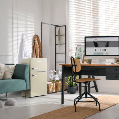 Modern home office with a desk, chair, and filing cabinet.
