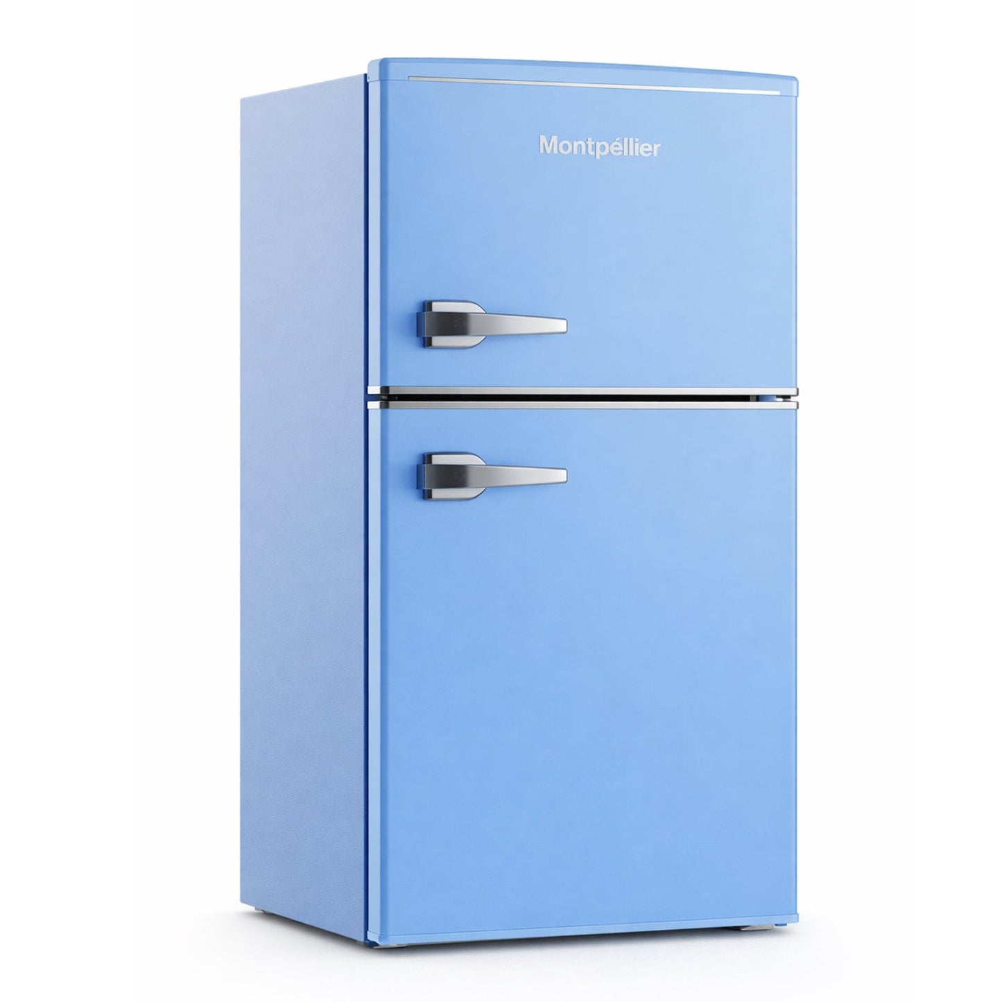 Blue refrigerator with 'Montpellier' branding on a white background