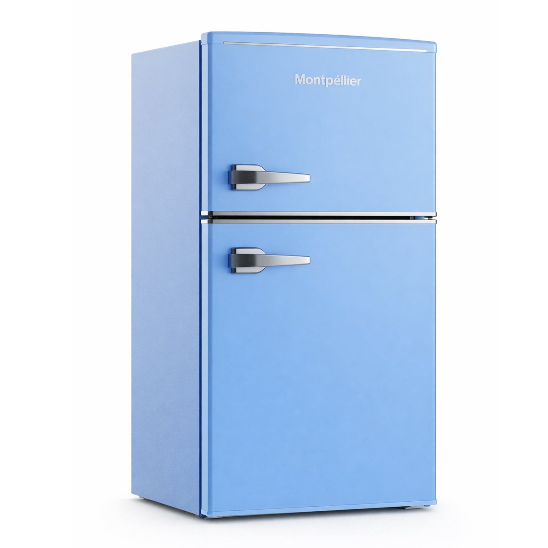 Blue refrigerator with 'Montpellier' branding on a white background