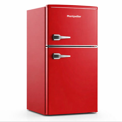 Red refrigerator with 'Montpellier' branding on a white background