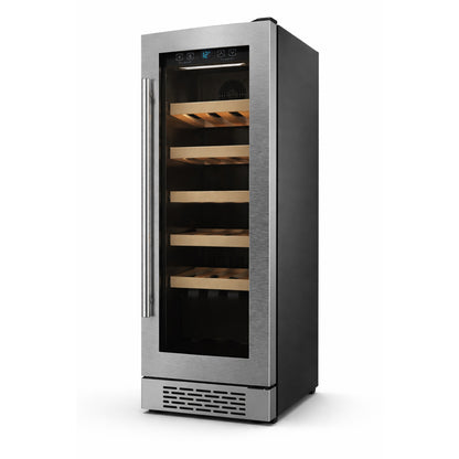 Wine cooler with wooden shelves on a white background