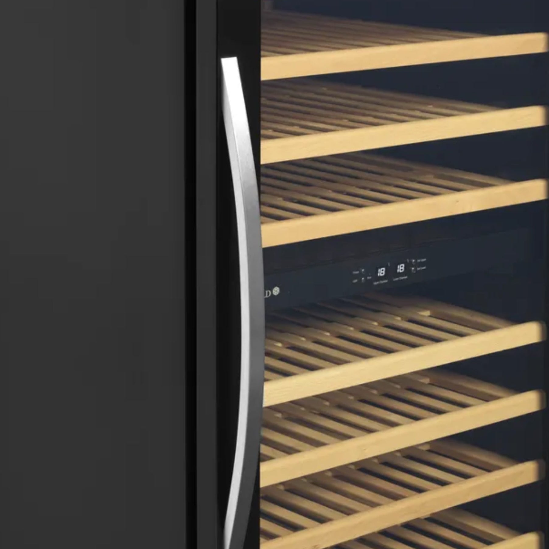 Black wine cooler with wooden shelves and digital display