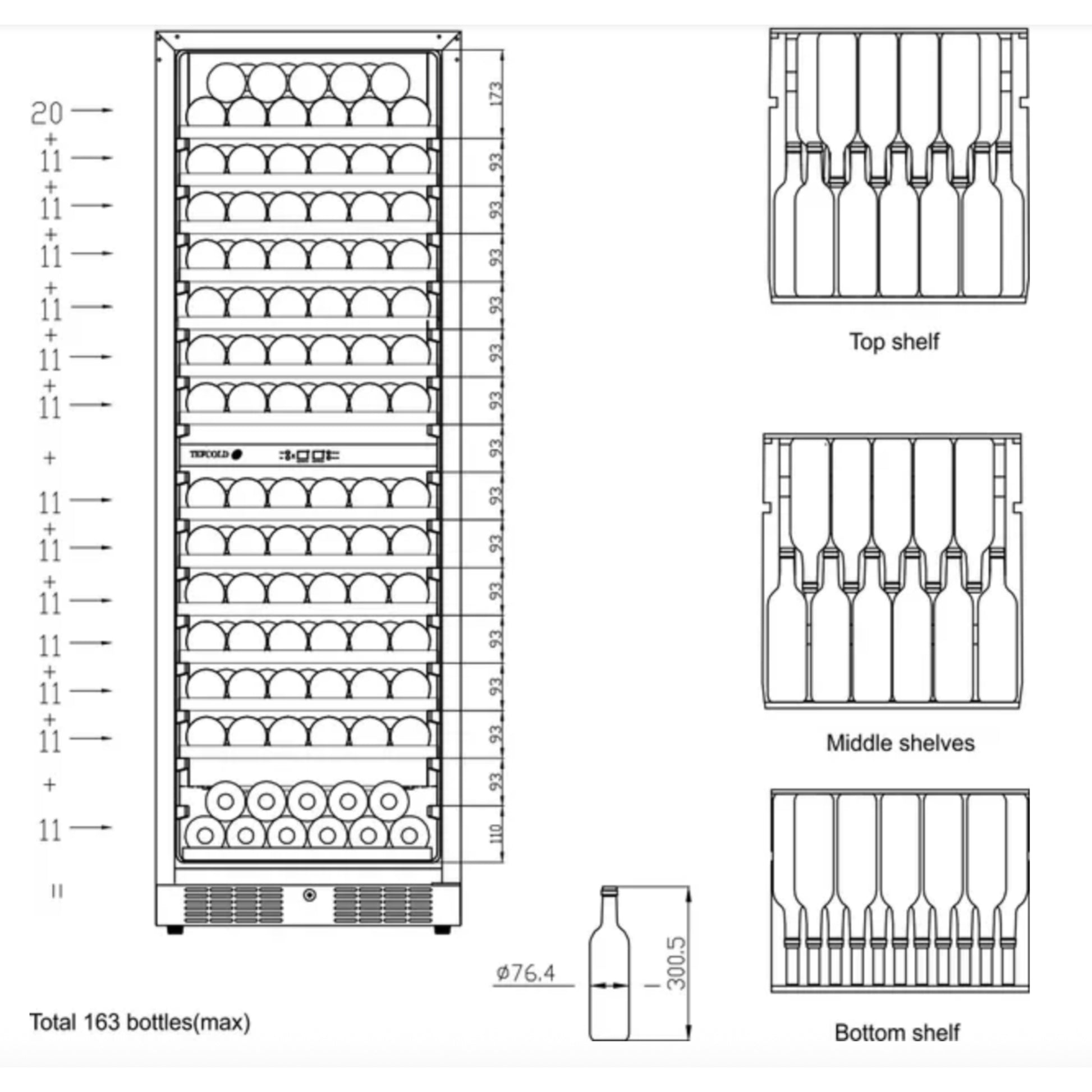 Wine rack with labeled shelves and dimensions