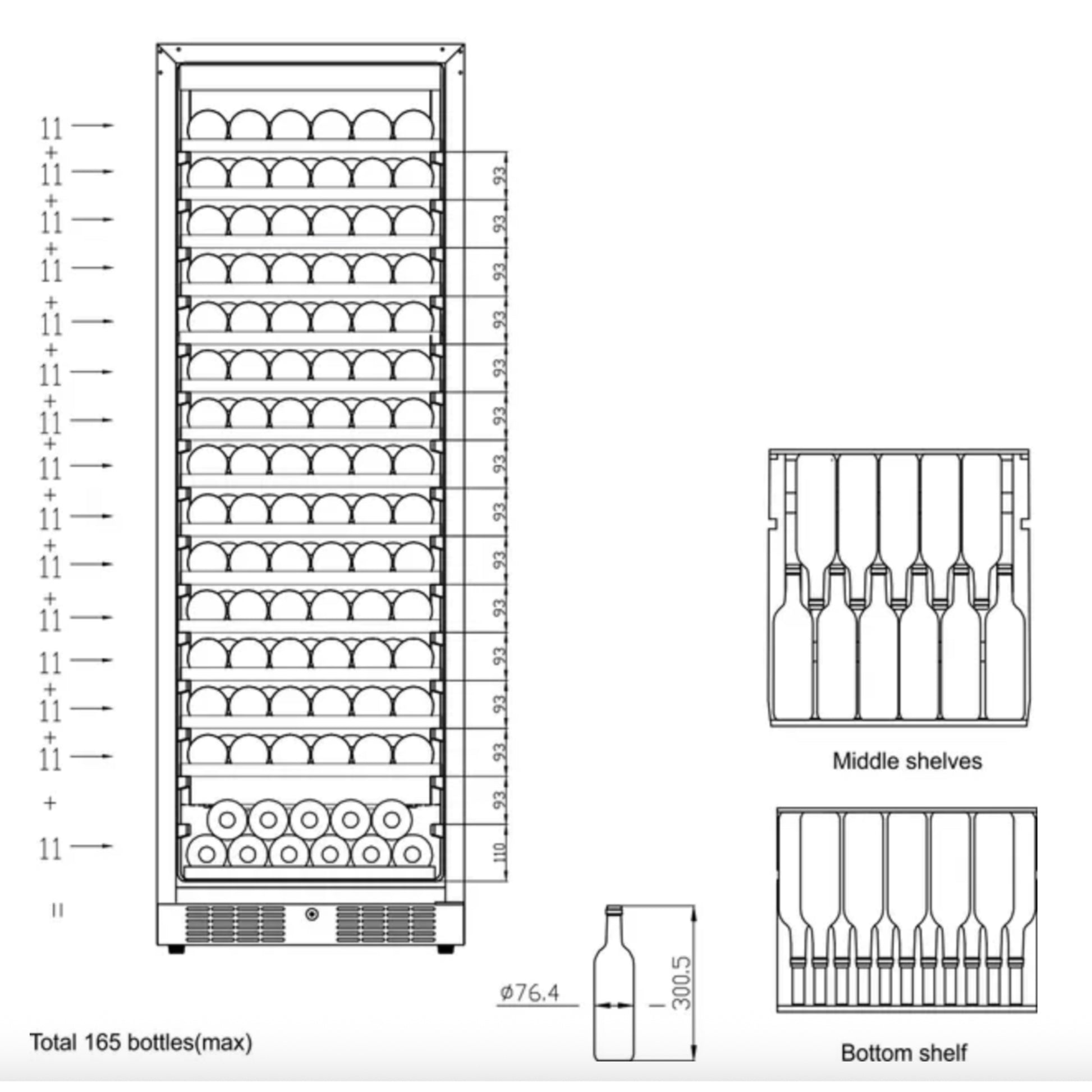 Wine rack with dimensions and bottle size specifications