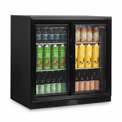 Black double-door refrigerator with drinks on a white background