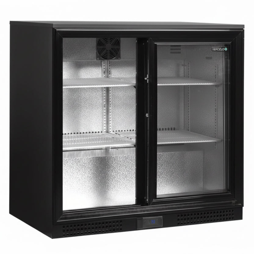 Black glass-fronted refrigerator on a white background