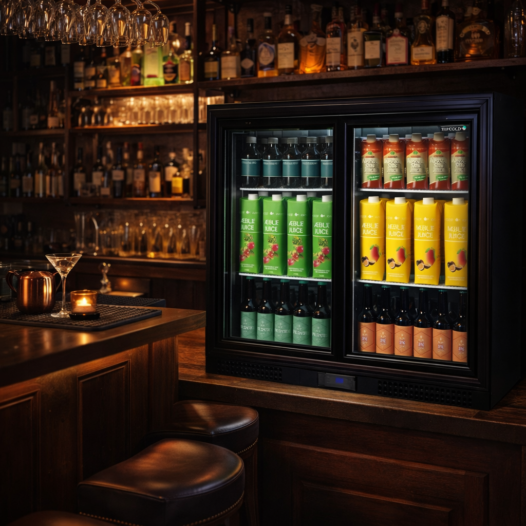 Bar setting with a refrigerator displaying drinks in a dimly lit bar.