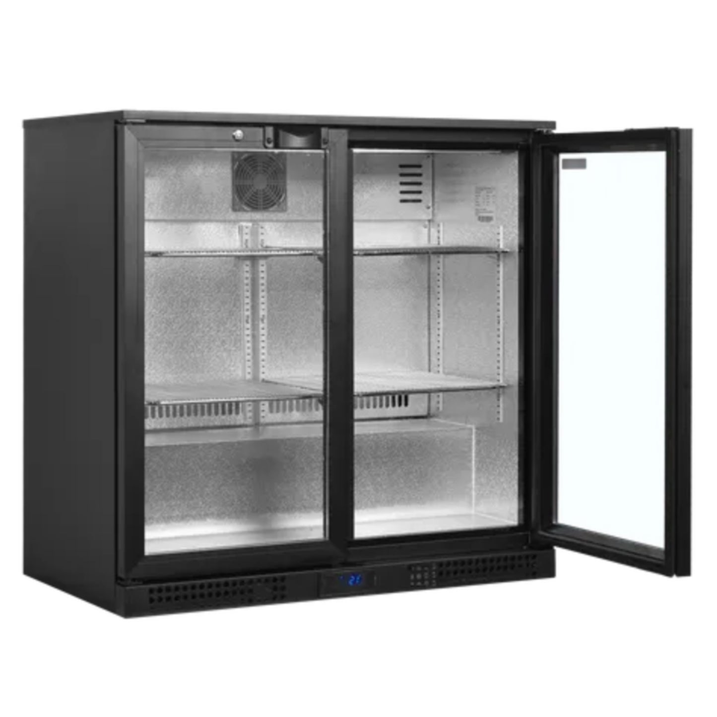 Commercial refrigerator with glass doors on a white background