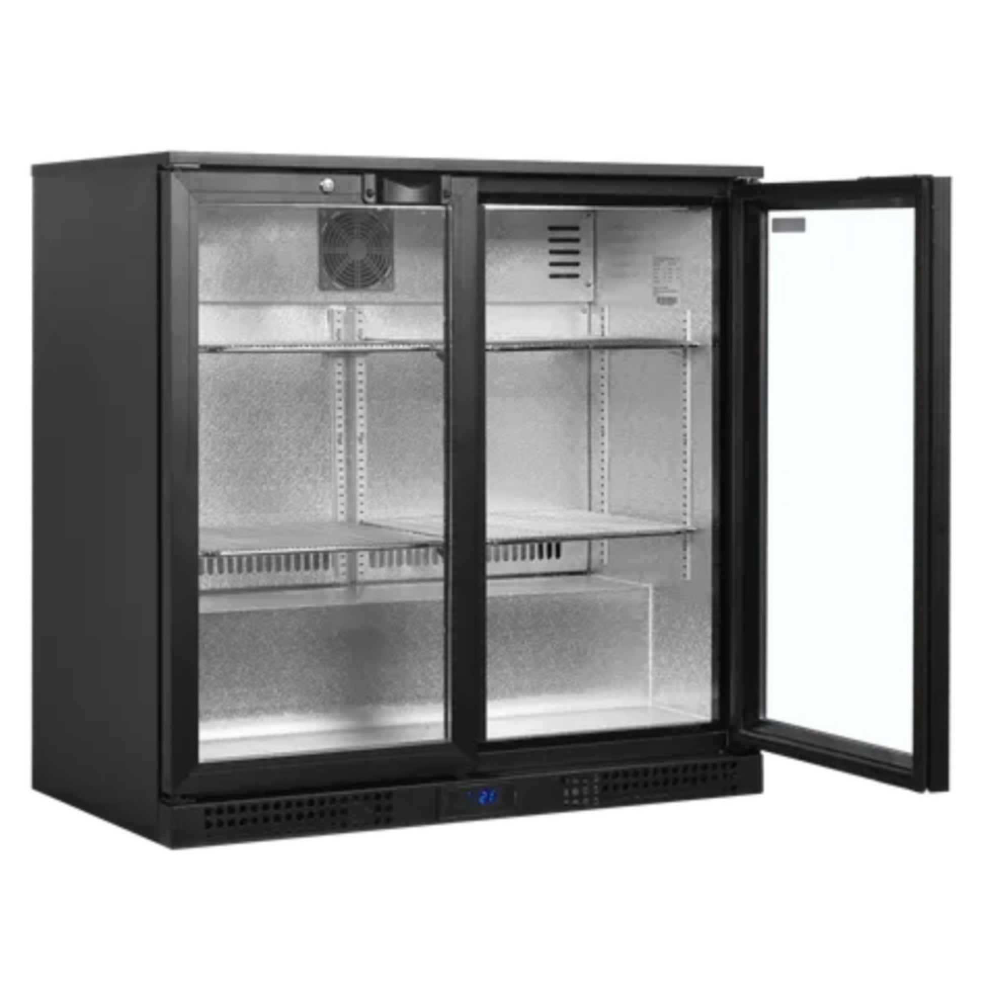 Commercial refrigerator with glass doors on a white background