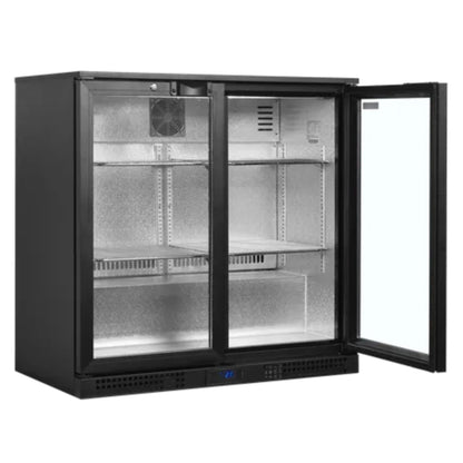 Commercial refrigerator with glass doors on a white background