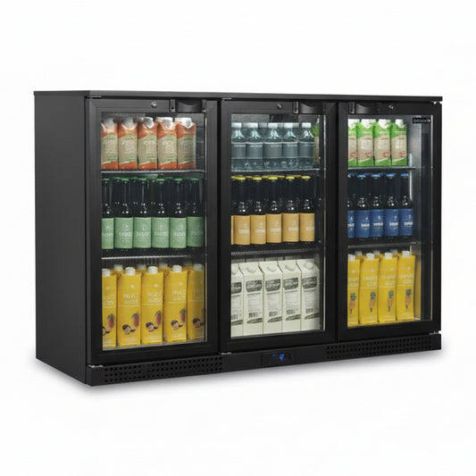 Black commercial refrigerator with multiple glass doors displaying various products on a white background