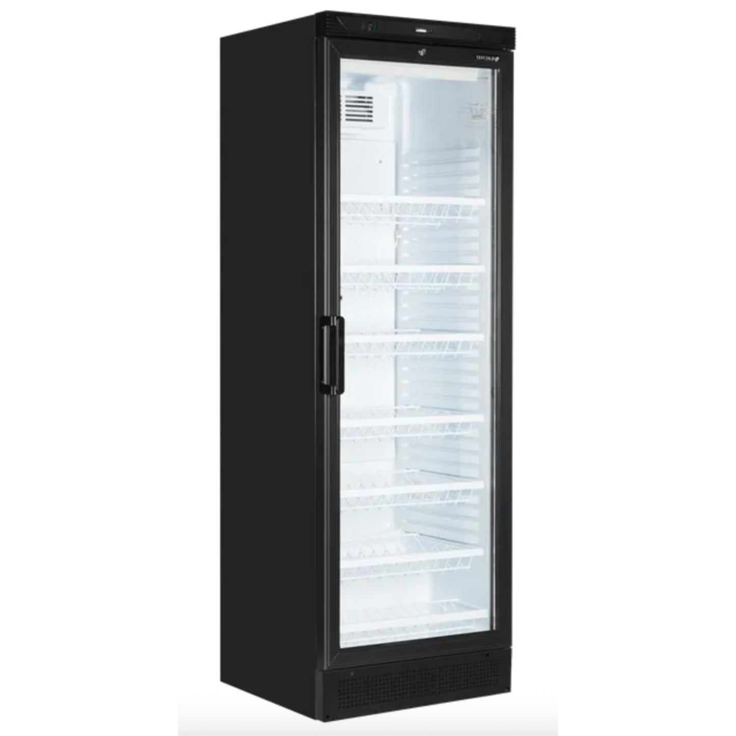 Black refrigerator with a glass door on a white background