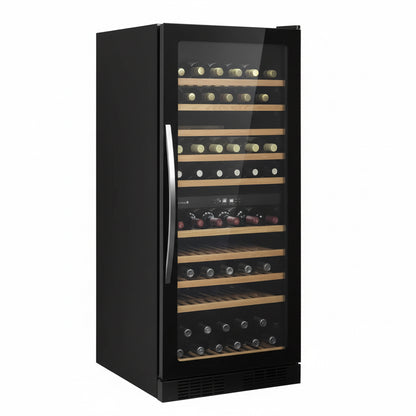 Black wine cooler with glass door displaying rows of wine bottles on a white background