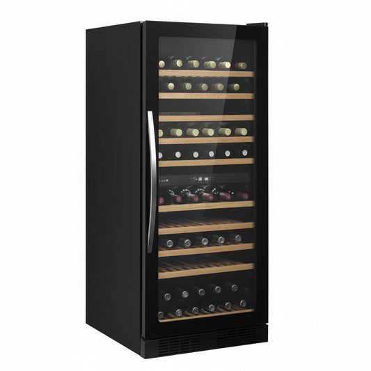 Black wine cooler with glass door displaying rows of wine bottles on a white background