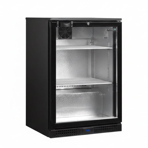 Black refrigerator with glass door on a white background