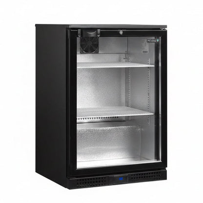 Black refrigerator with glass door on a white background