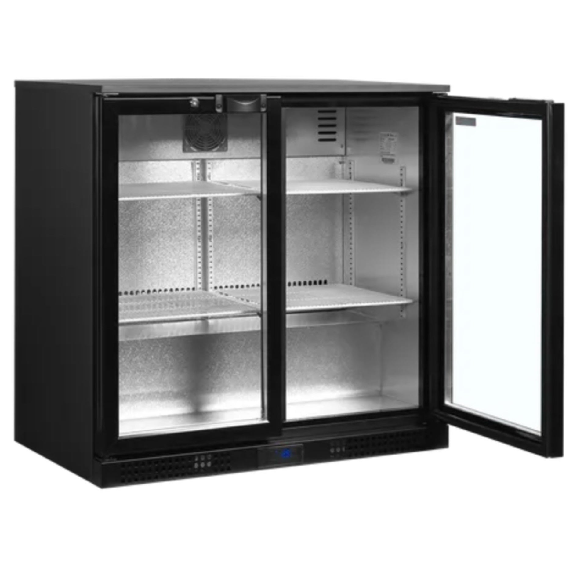 Black refrigerator with glass doors on a white background
