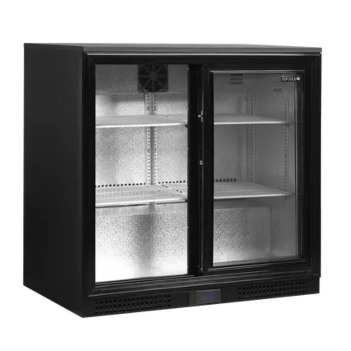 Black glass-fronted refrigerator on a white background