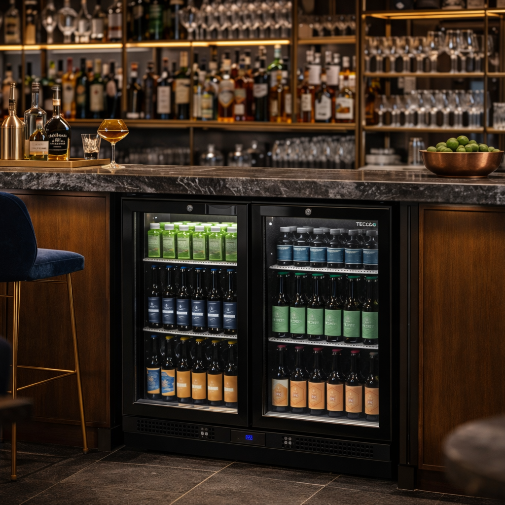 Bar setting with a refrigerator stocked with bottles behind a bar counter.