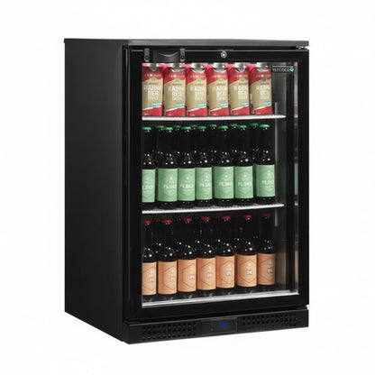 Black beverage cooler with drinks on a white background