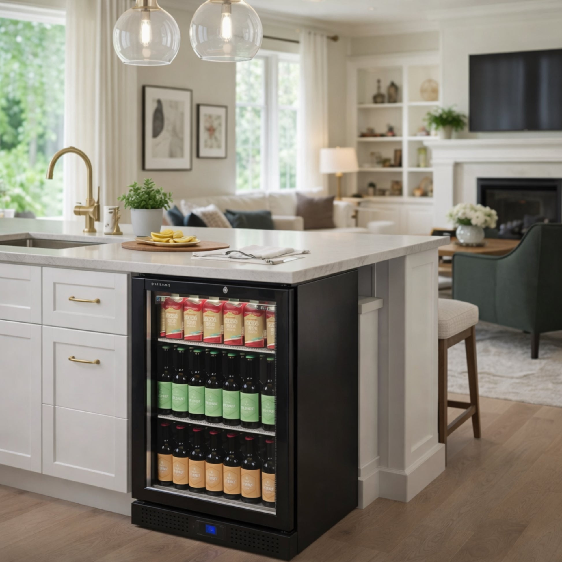 Black wine cooler in a modern kitchen with white island and living room in the background