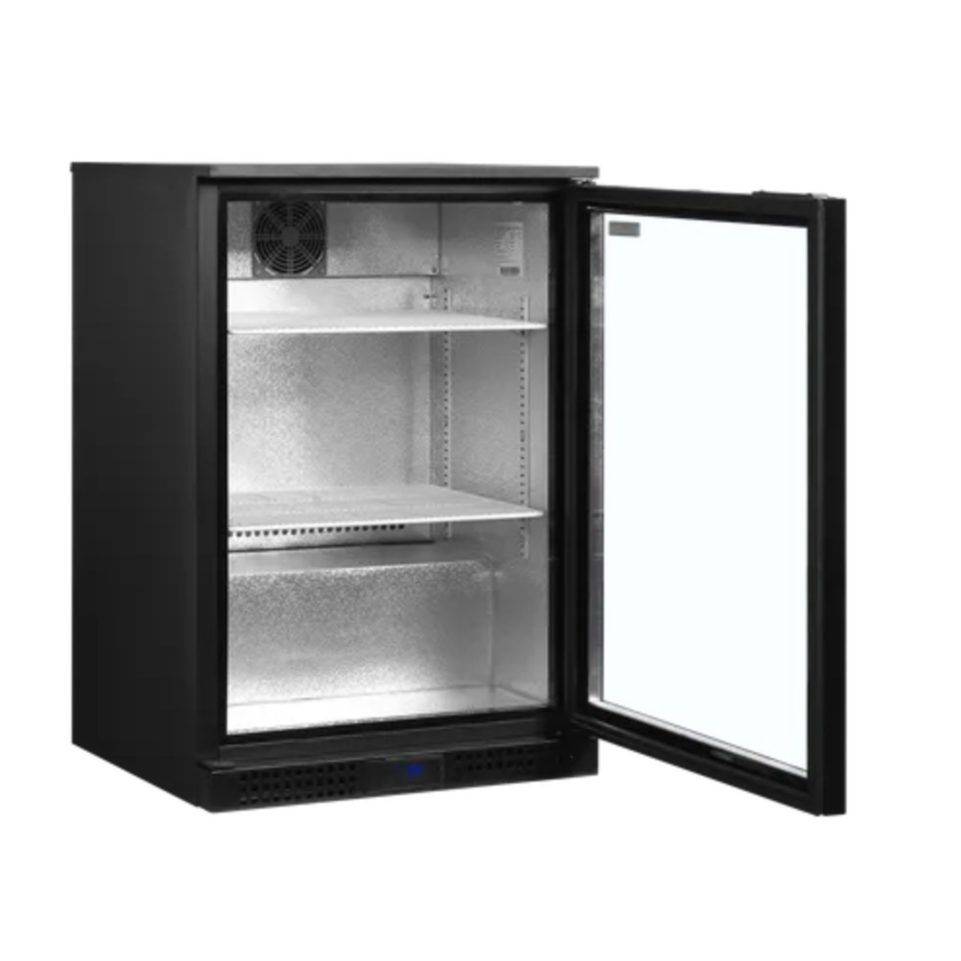 Black refrigerator with open door on a white background