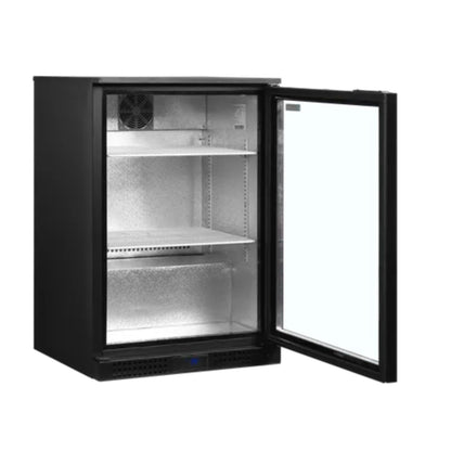 Black refrigerator with open door on a white background