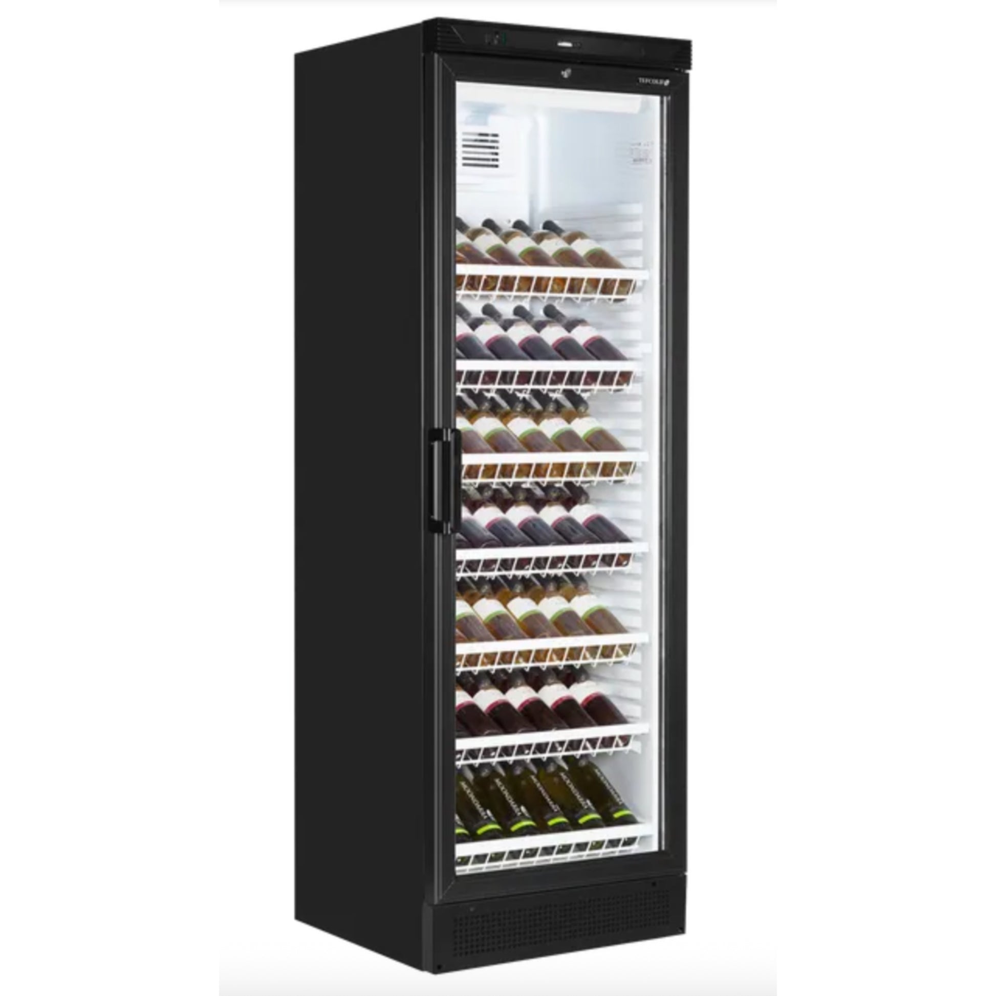 Black wine cooler with glass door displaying rows of wine bottles on a white background