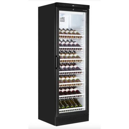 Black wine cooler with glass door displaying rows of wine bottles on a white background