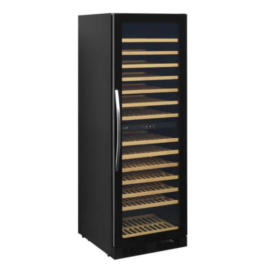 Black wine cooler with glass door on a white background