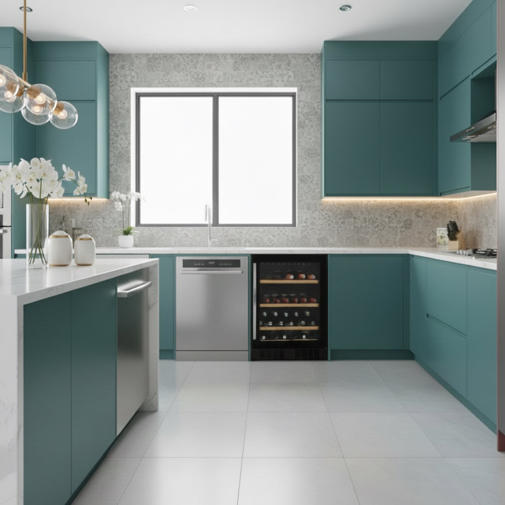 Modern kitchen with teal cabinets and a wine cooler.