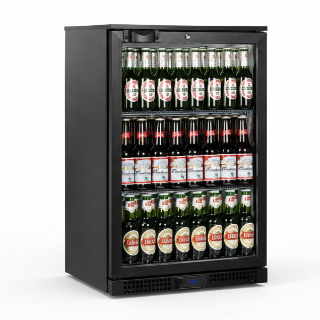 Black beverage cooler with various bottles inside on a white background