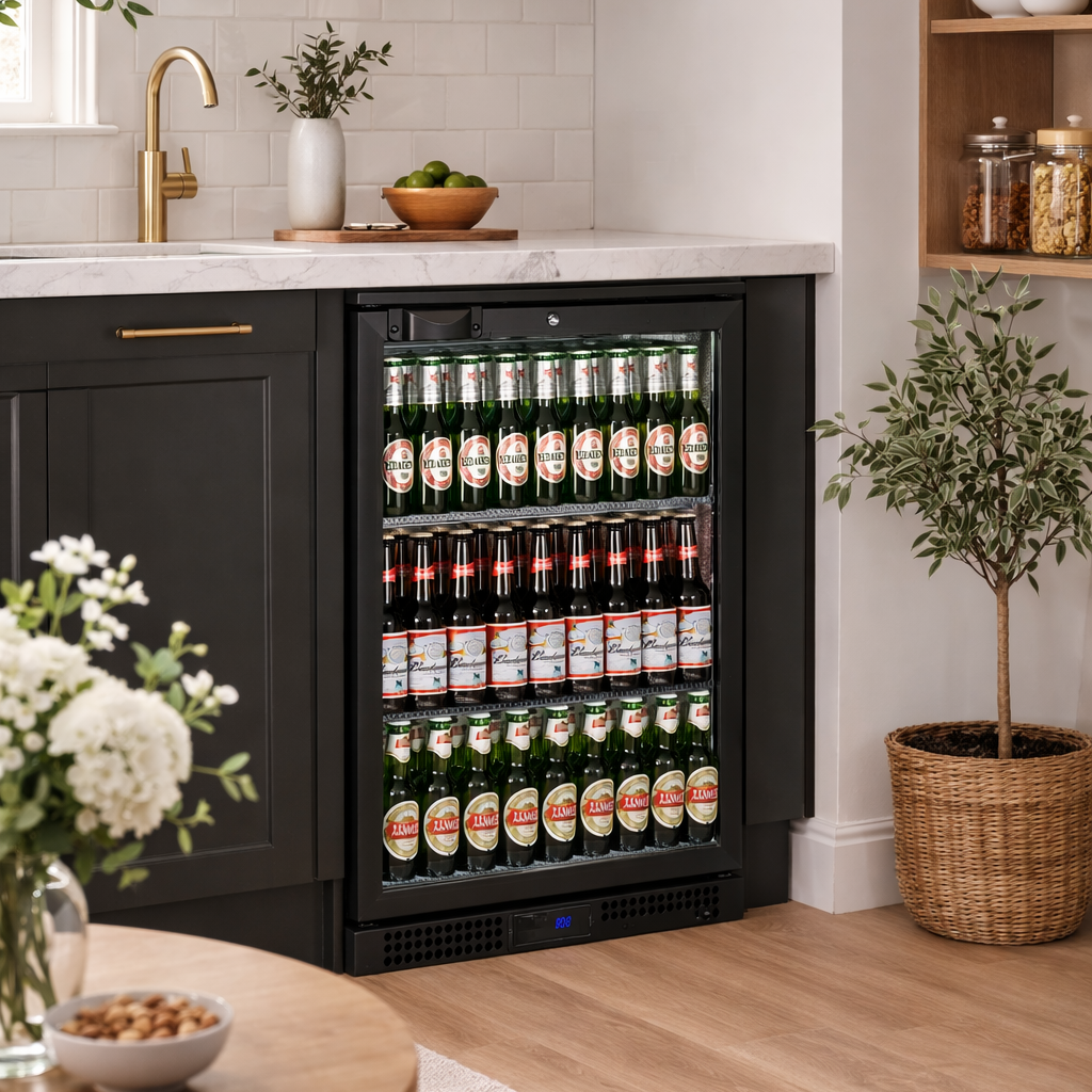 Black beverage cooler filled with bottles in a kitchen setting