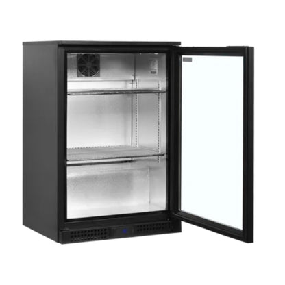 Stainless steel refrigerator with open door on a white background