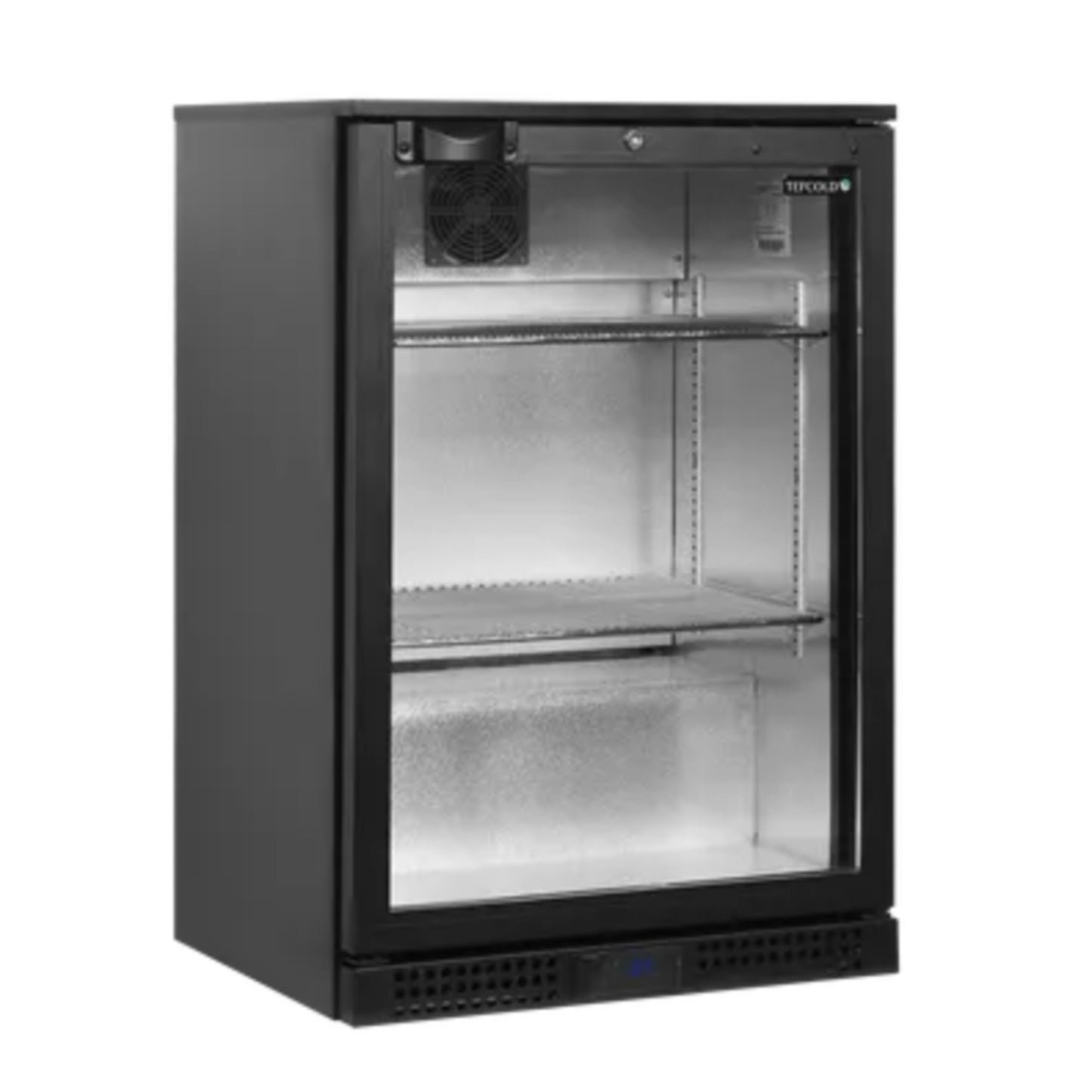 Black refrigerator with glass door on a white background