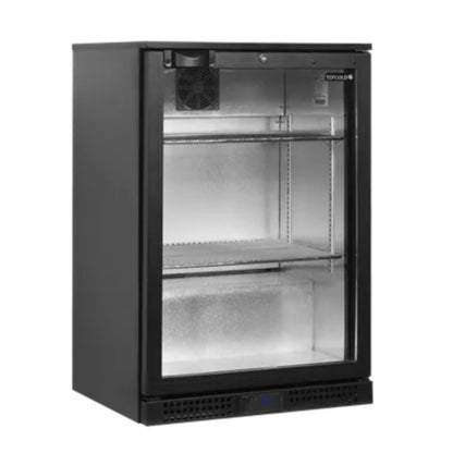 Black refrigerator with glass door on a white background