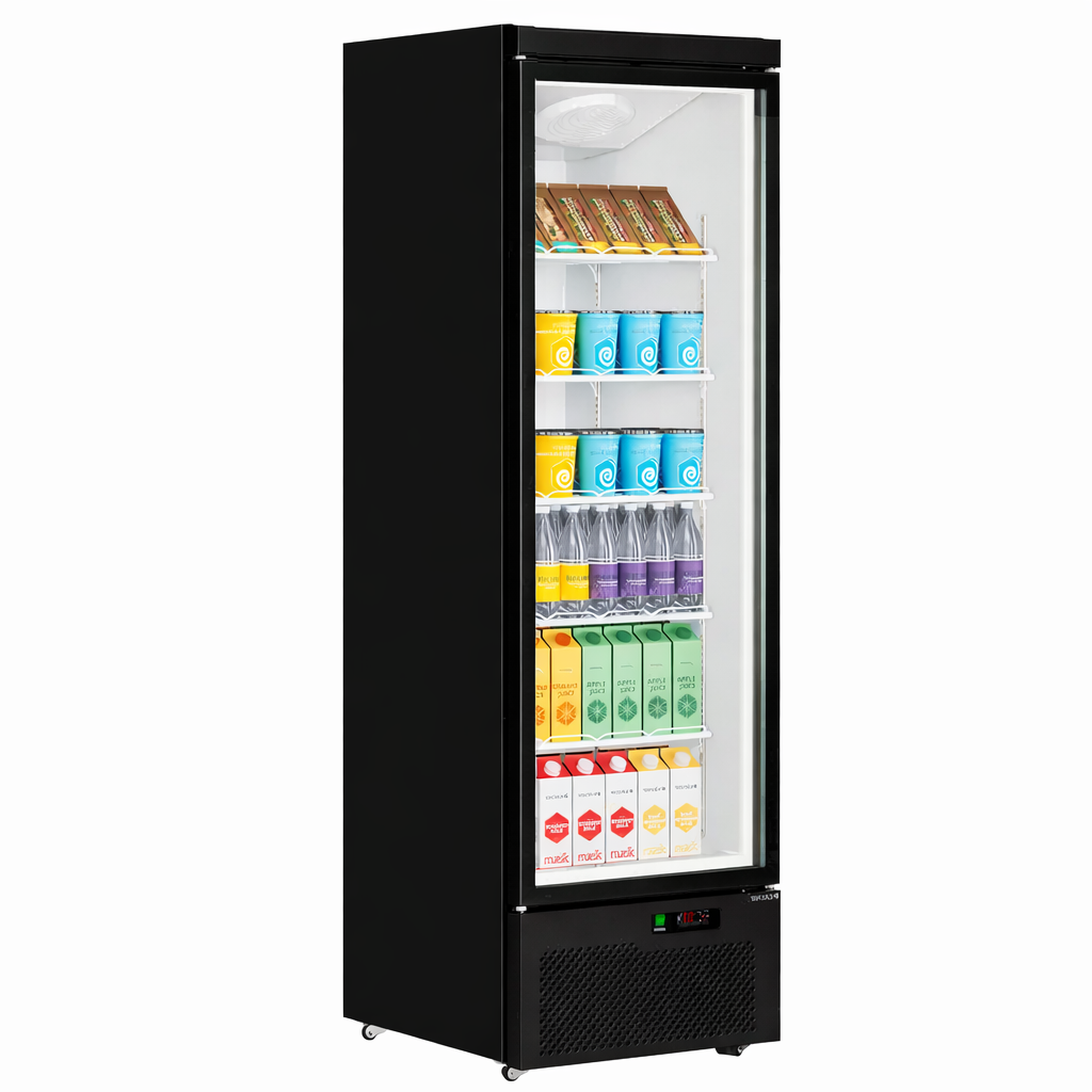 Black glass-fronted refrigerator displaying various colorful products on a white background